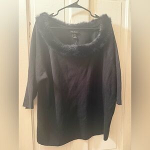 Lane Bryant black elegant cape poncho sweater with fur trim